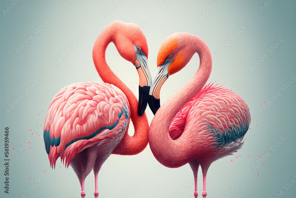 Poster two flamingos standing next to each other with their necks touching each other's heads with their ne