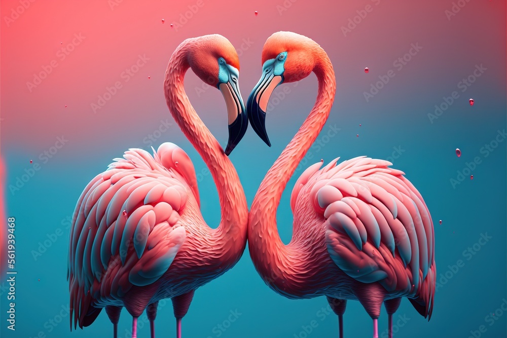 Poster two flamingos standing next to each other with their necks touching each other's necks with their ne