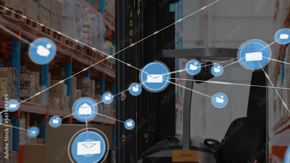 Poster animation of icons connecting with lines over forklift with cardboard boxes in warehouse