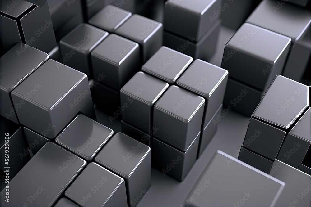Poster a group of cubes that are all grey in color and size, with a black background and a black frame arou