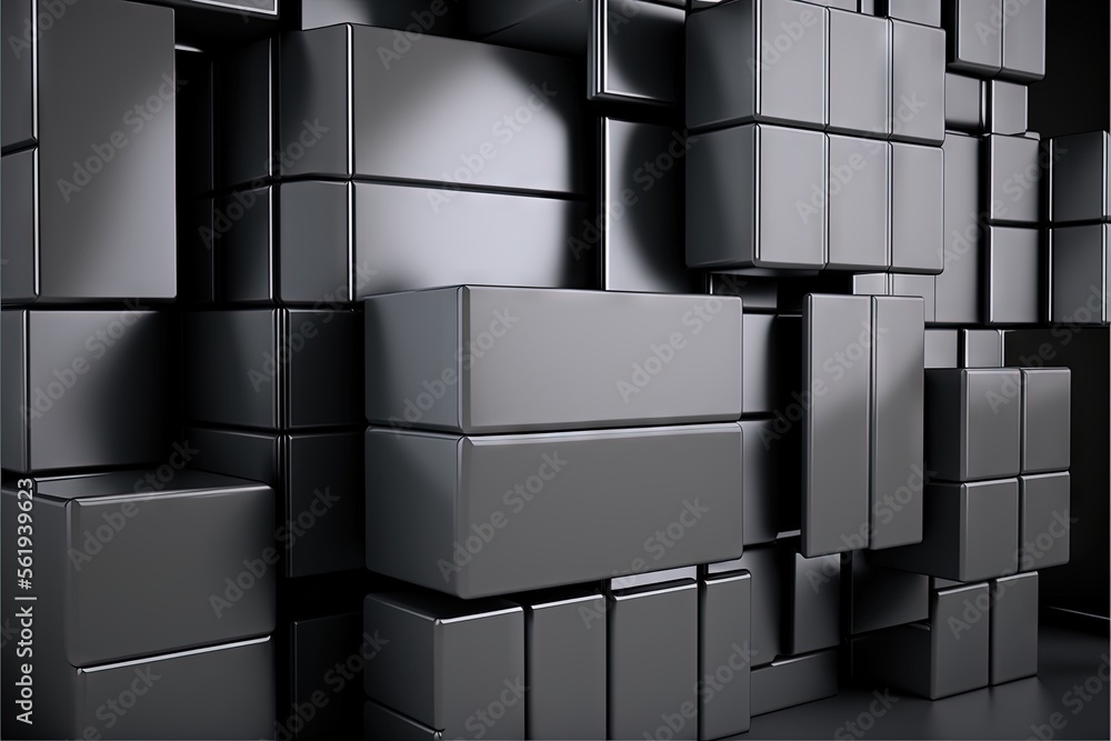 Aufkleber a bunch of boxes are stacked up together in a room with a black wall and flooring and a clock on the