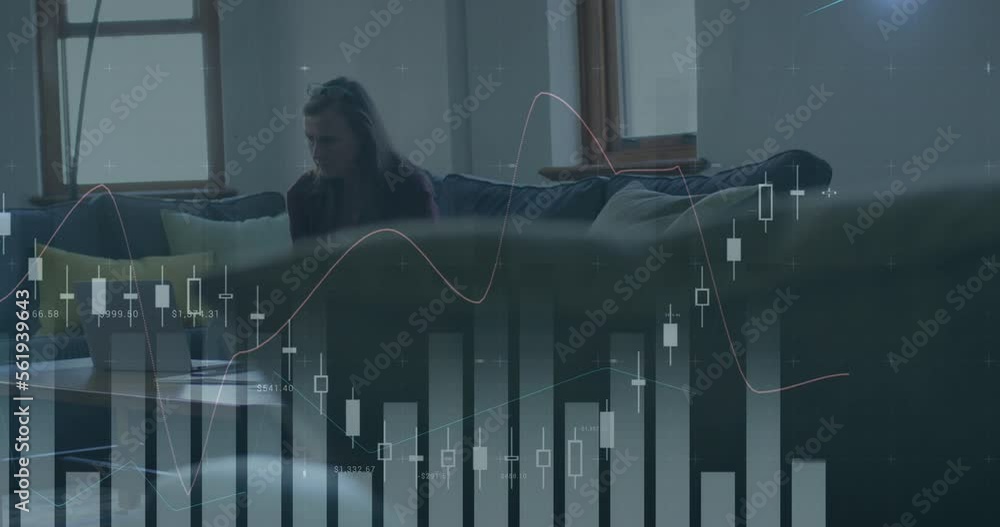 Poster animation of statistical data processing over caucasian woman using laptop at home