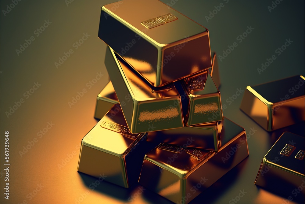 Poster a pile of gold bars sitting on top of each other on a table top with a yellow background and a black