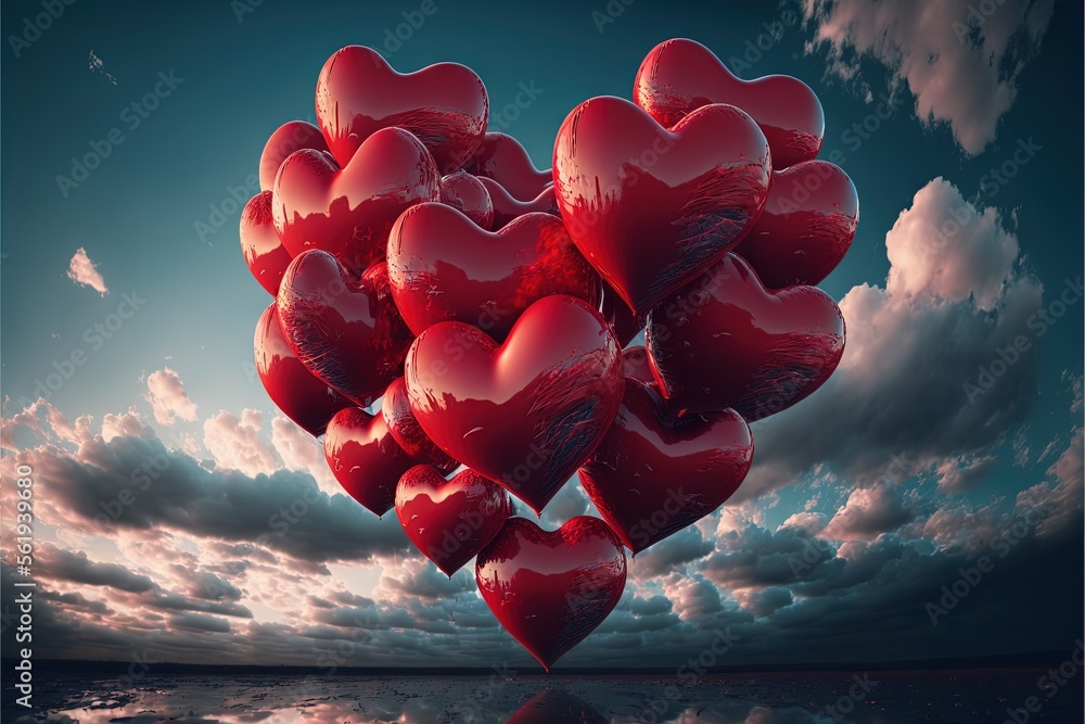 Poster a bunch of red hearts floating in the air over a body of water with a cloudy sky in the background a