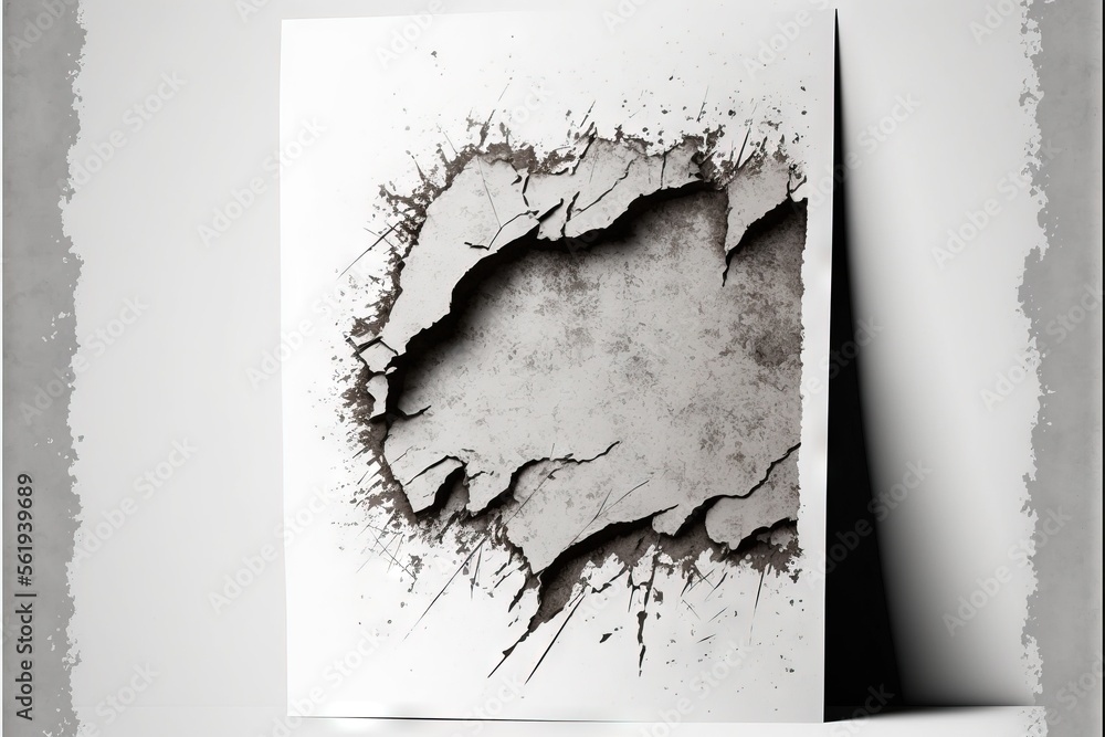 Poster a piece of paper with a hole in it on a table next to a wall with a torn piece of paper on it and a 