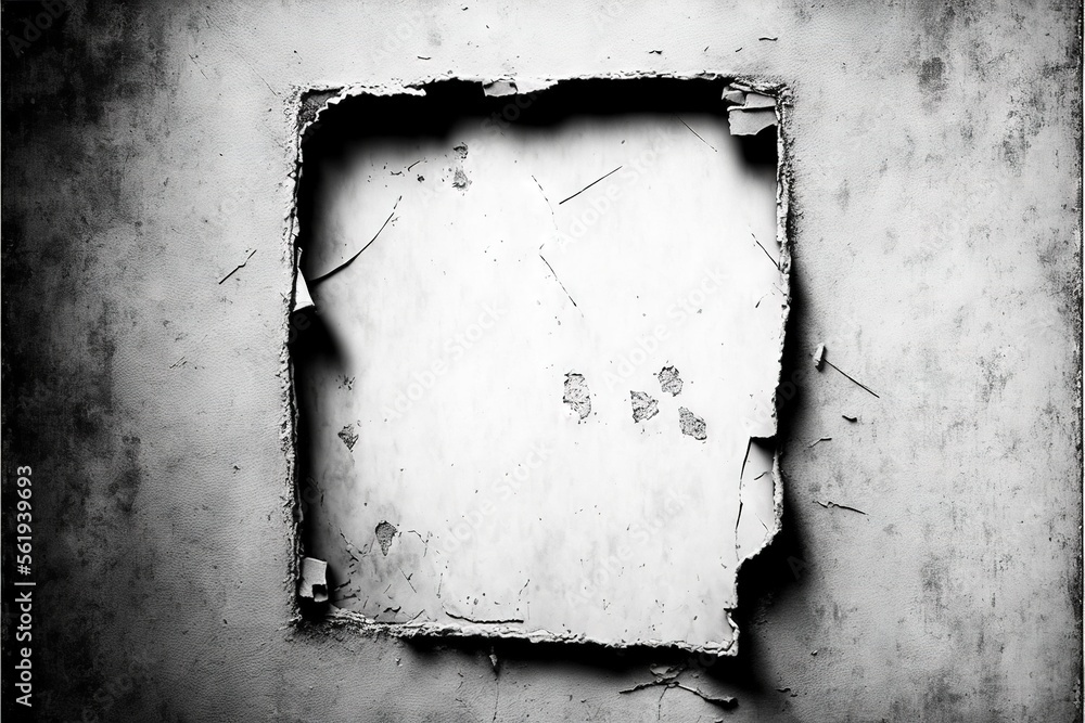 Poster a square hole in the wall with a hole in it that has been torn open and is missing a few pieces of t
