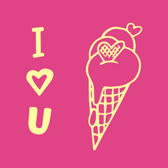 Saint Valentine's greeting card with ice cream cone in doodle style. I love you hand drawn lettering.