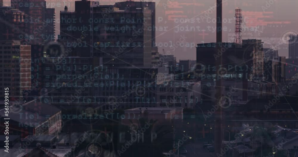 Poster animation of network of digital icons and data processing against aerial view of cityscape