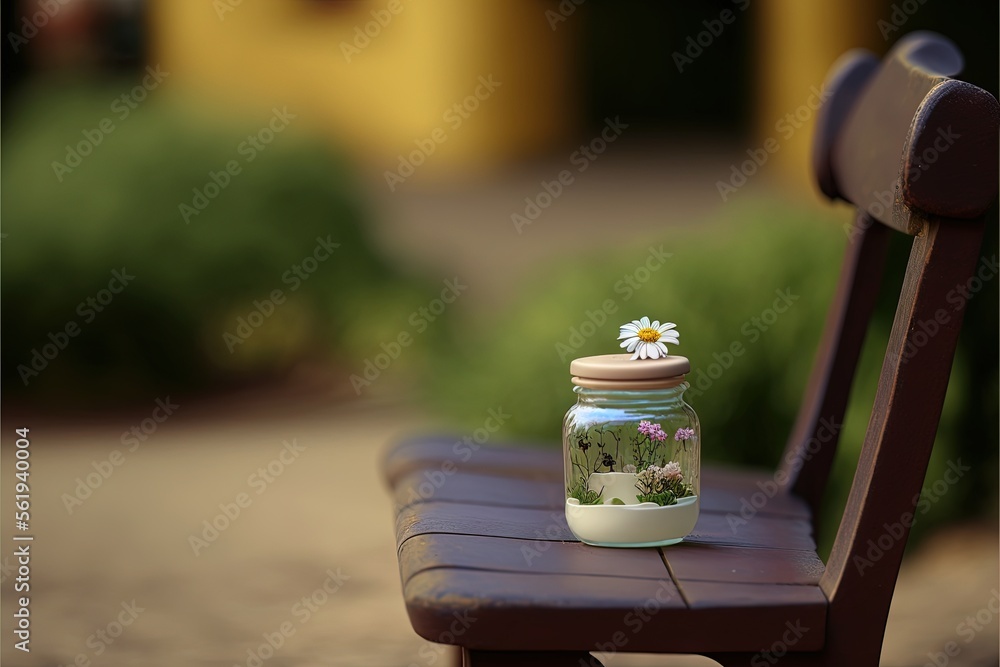 Poster a jar with a flower on top of a wooden bench outside of a building with a flower in it and a small w