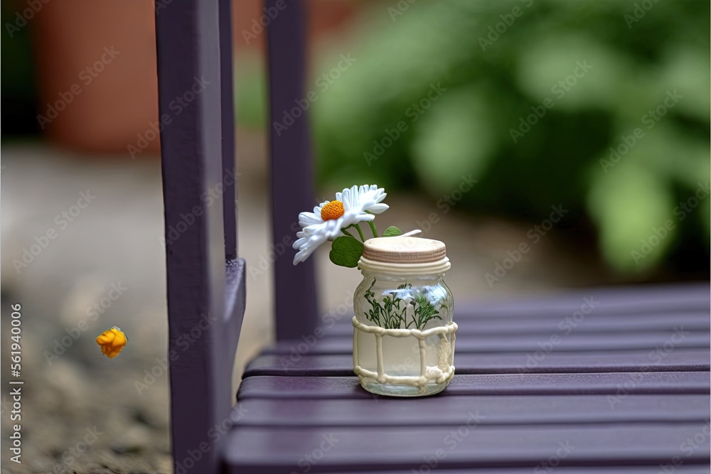 Poster a small vase with a flower in it sitting on a bench outside of a house with a flower in it's jar on 
