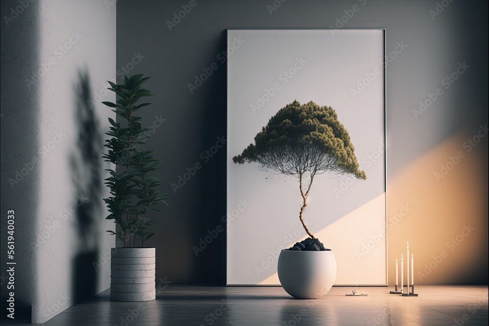 Poster a picture of a tree in a vase next to a candle and a plant in a vase on a table in a room with a whi