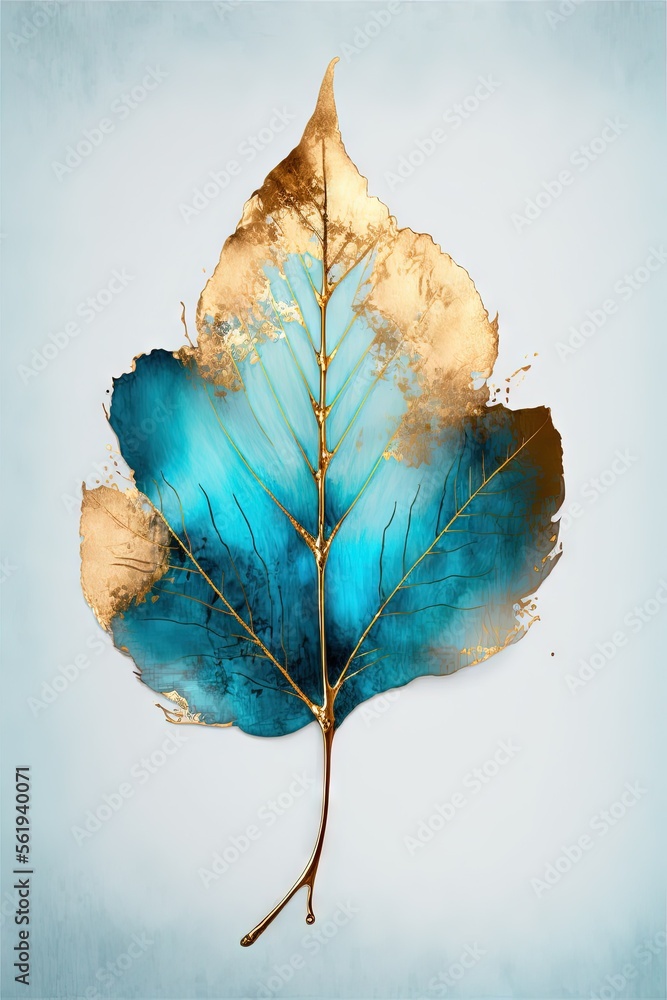 Poster a blue leaf with gold leaf tips on a blue background with a gold leaf tip on the tip of the leaf, an
