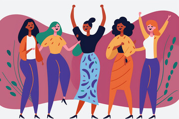 Fototapeta na wymiar Cheerful group of diverse women celebrating success. Women power, feminism, strength. Flat vector illustration, generative art.