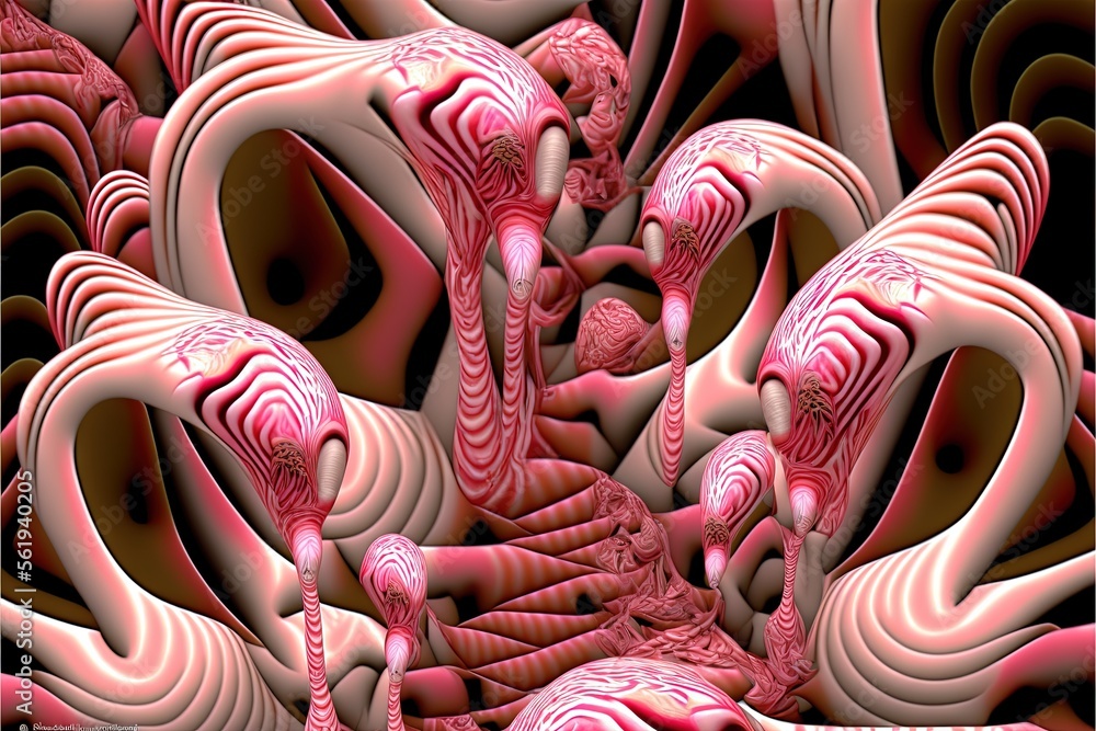Poster a digital painting of pink flamingos in a spiral pattern with a black background and a white border 