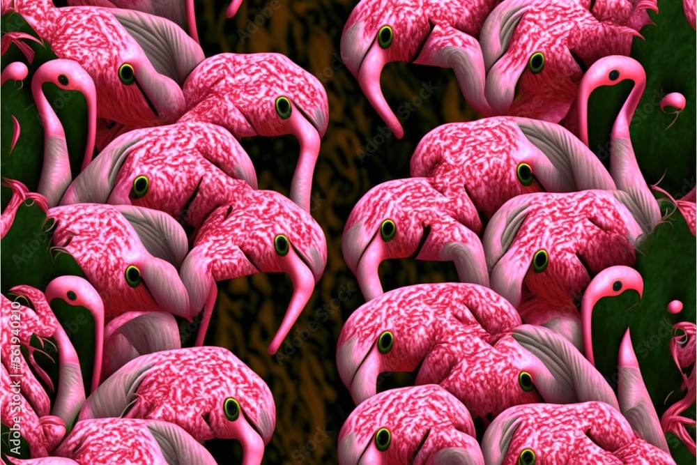 Poster a group of pink flamingos standing next to each other on a field of grass and trees in the backgroun