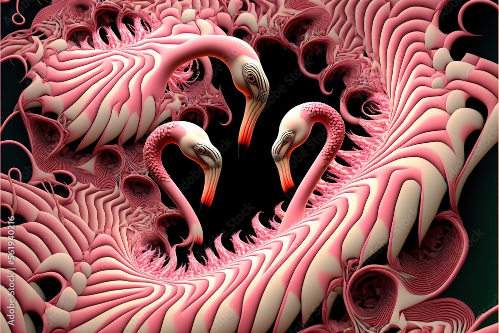 Poster a pink flamingo is surrounded by smaller pink flamingos in a spiral pattern of wavy lines and curves