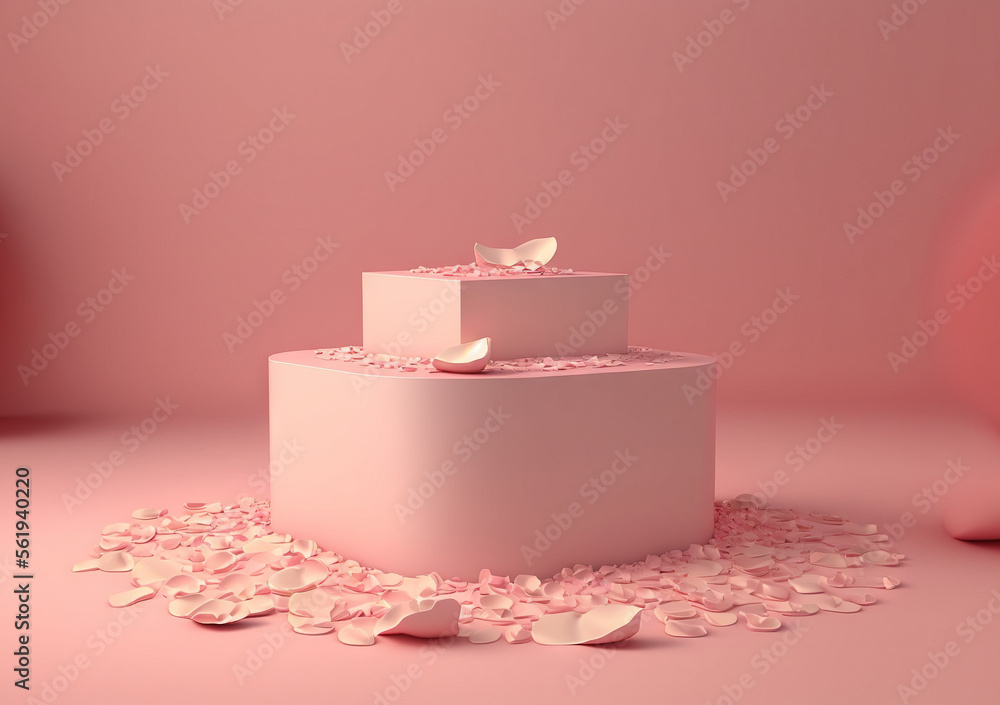 Poster a three tiered cake with pink petals on the bottom of it and a bow on top of it on a pink background