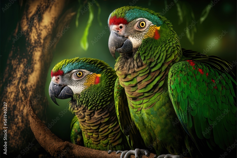 Poster two green parrots sitting on a branch of a tree with leaves in the background and a green background