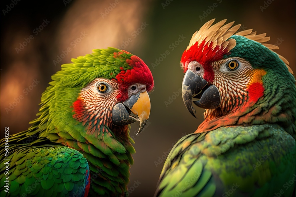Poster two colorful parrots are standing next to each other on a tree branch in the forest, one of which is