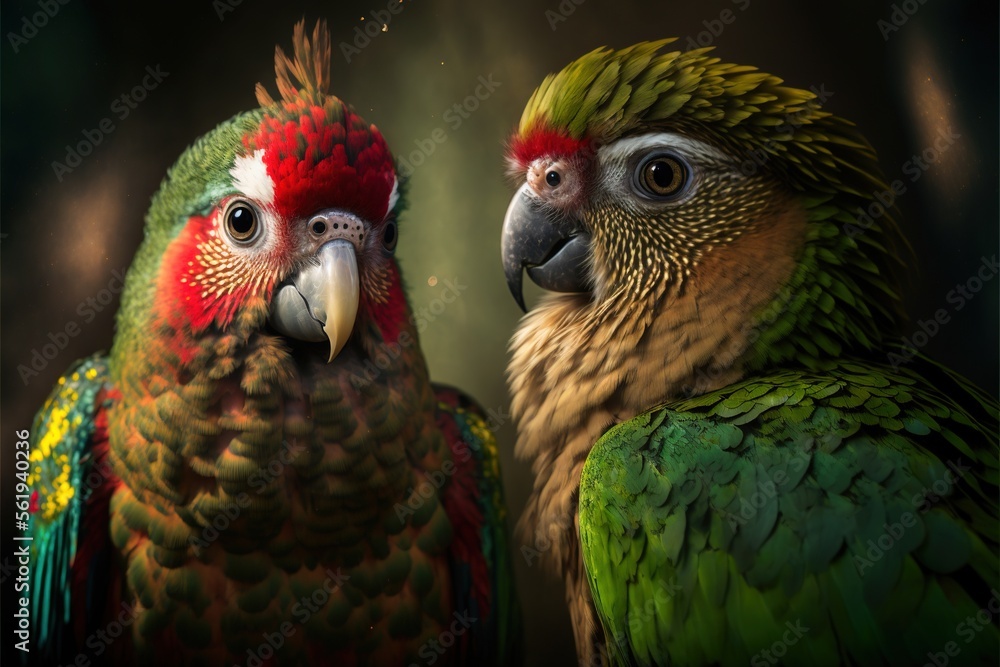 Poster two colorful birds are standing next to each other on a dark background with a light shining on them