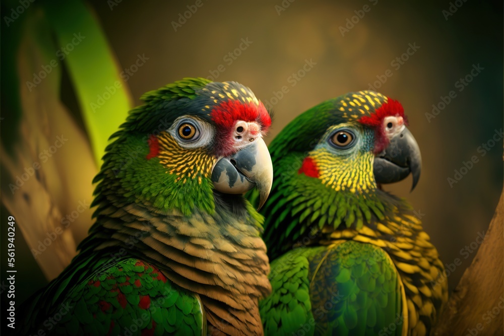 Poster two colorful birds sitting next to each other on a tree branch together, with a dark background and 