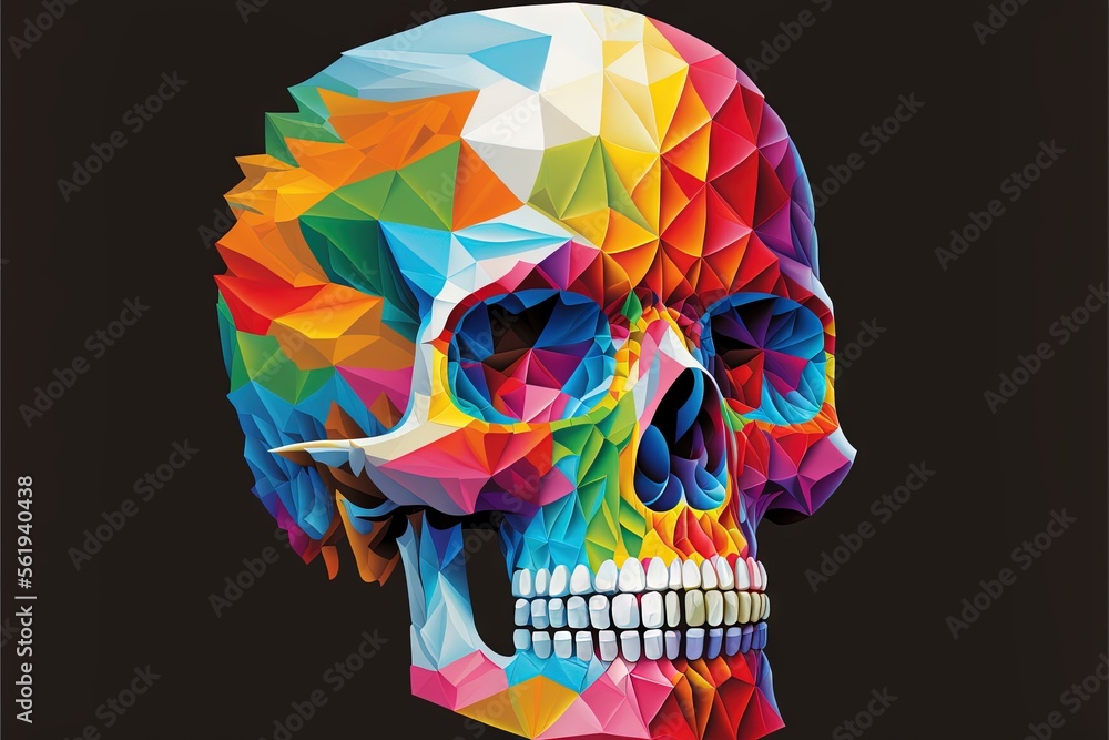 Poster a colorful skull with a black background and a black background with a black background , generative