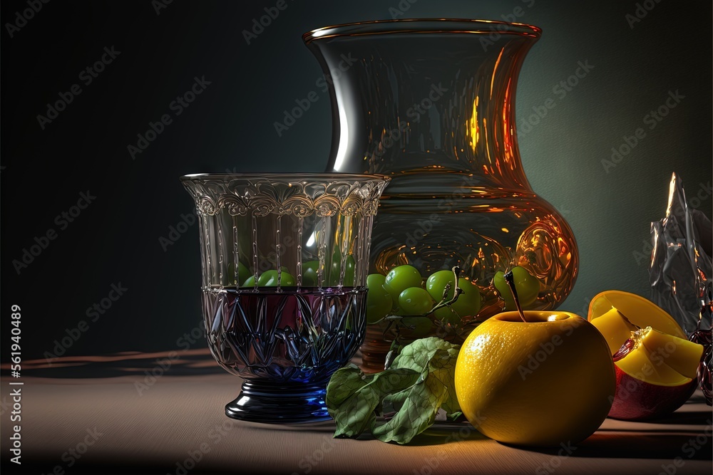 Poster a still life of fruit and a vase on a table with a candle holder on it and a glass vase on the table