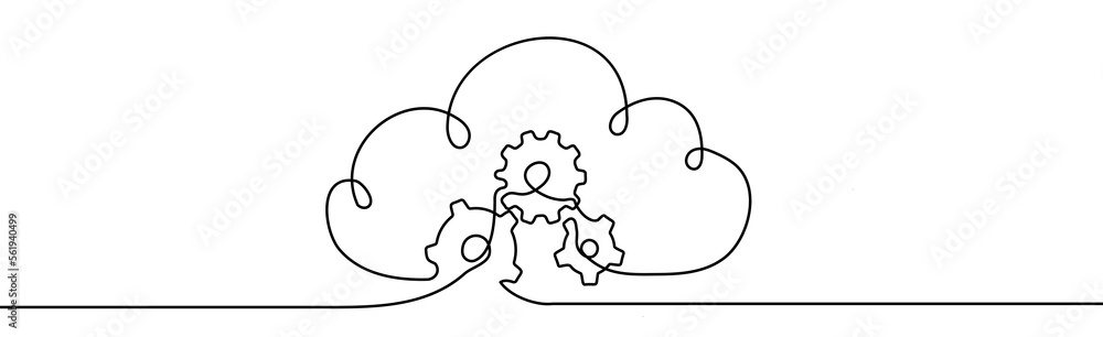 Poster cloud technology sign. clods with gears. cloud computing, big data concept. continuous one line vect
