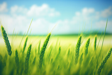 picture of a wheat field View of a springtime, summertime field in close up, with young, green, fresh wheat ears. with blank room for text and a background of a softly blurred sky. Generative AI
