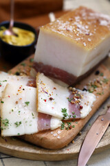 Salted lard with spices. Ukrainian national product. Salo.