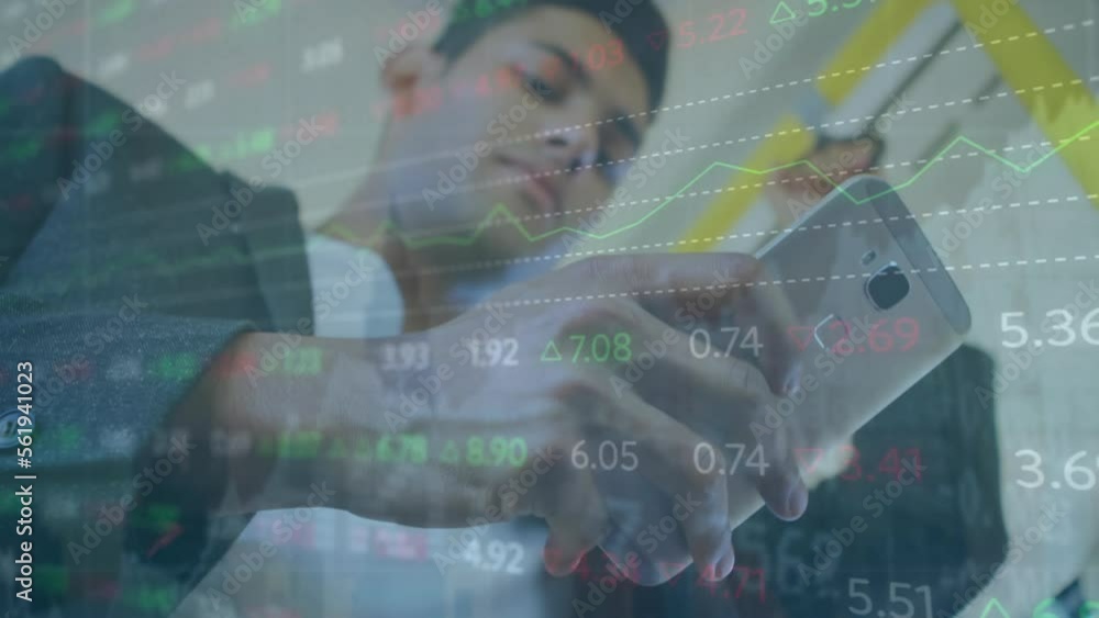 Poster animation of stock market data processing over biracial man using smartphone in the bus