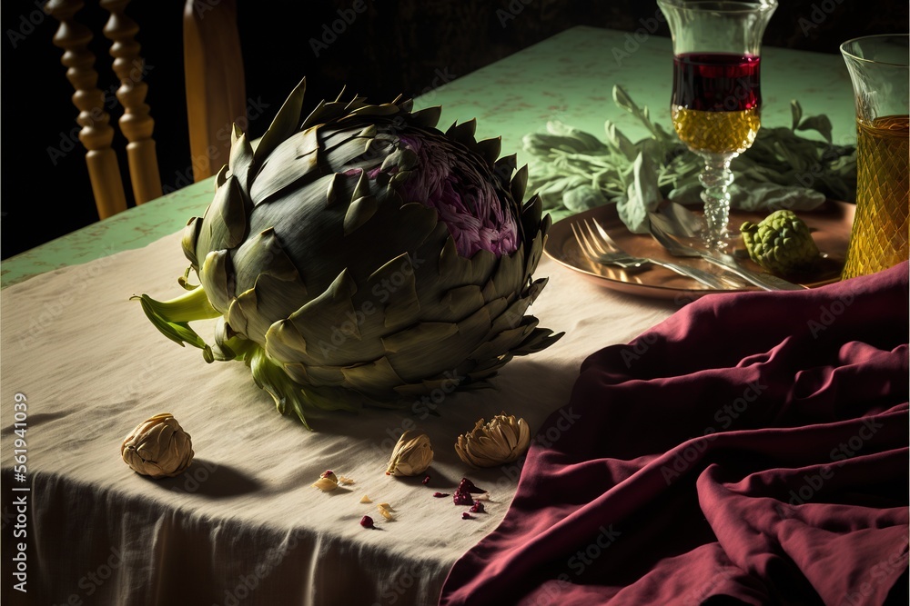 Poster a table with a plate of artichokes and a glass of wine on it and a plate of garlic and garlic on the
