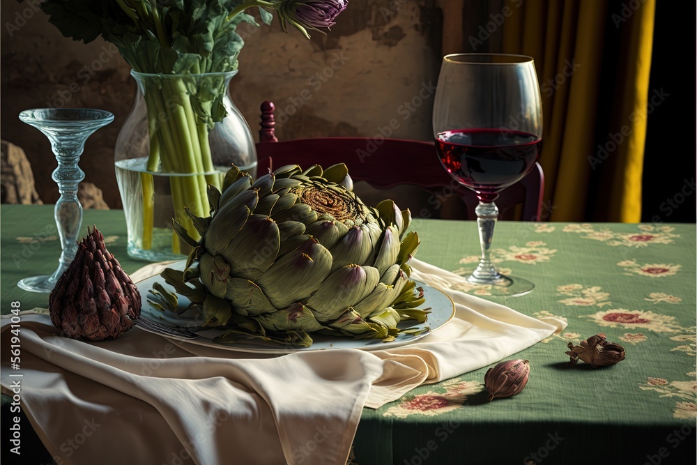 Aufkleber a table with a vase of flowers and a glass of wine on it and a plate with a flower on it and a vase 