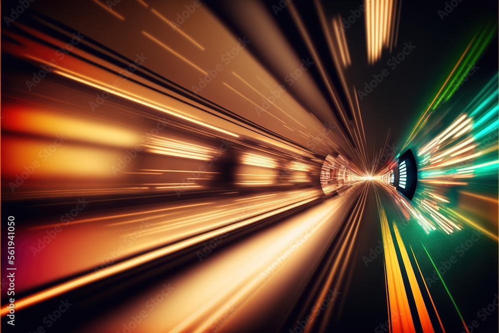 Poster a blurry photo of a train traveling through a tunnel with lights on it's side and a person standing 