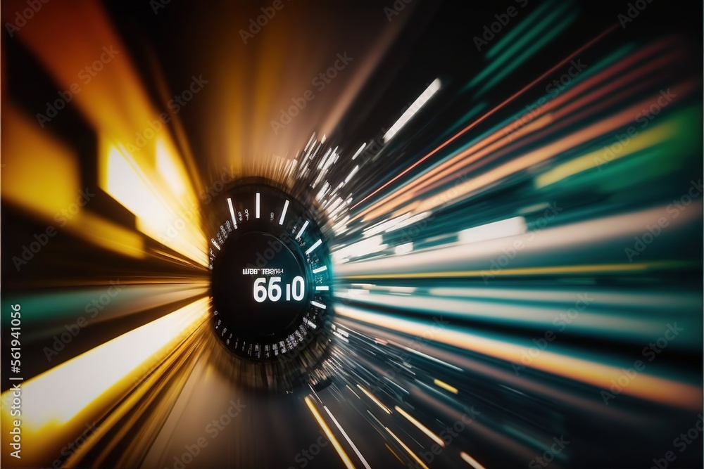 Poster a speedometer with a speed of 600 on it's face and a blurry background of buildings and cars in the 