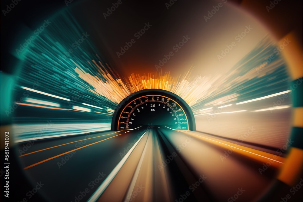 Poster a tunnel with a speed limit sign in the middle of it and a speed limit sign in the middle of the tun