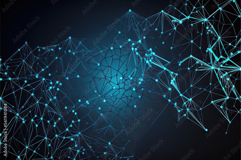 Poster a blue abstract background with a lot of lines and dots on it, and a blue circle in the middle of th