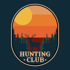 Mountain Hunting Dear Adventure Emblem Patch Logo Poster Label Vector Illustration Retro Vintage Badge Sticker And T-shirt Design