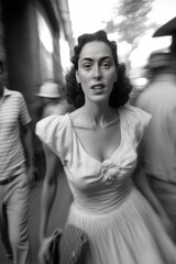 Naklejka premium young woman walking in Mexico City in 1960. monochromatic vintage. This image was created with generative AI