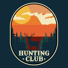 Mountain Hunting Dear Adventure Emblem Patch Logo Poster Label Vector Illustration Retro Vintage Badge Sticker And T-shirt Design