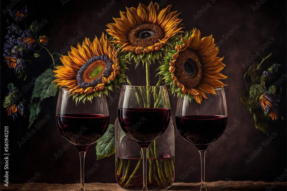 Poster three wine glasses with wine and sunflowers in them on a table with a dark background and a painting