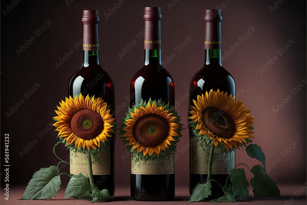 Poster three bottles of wine with sunflowers in them on a table with a brown background and a brown backgro