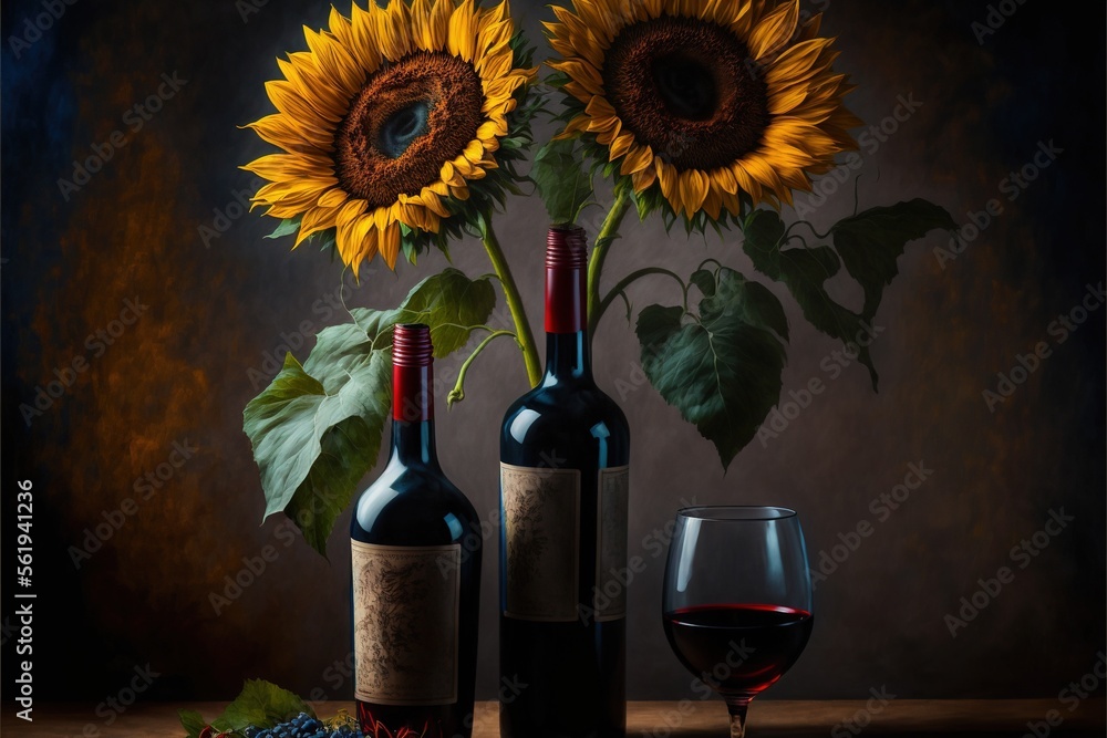 Poster a painting of two wine bottles and a glass of wine with a sunflower in the background and a bottle o