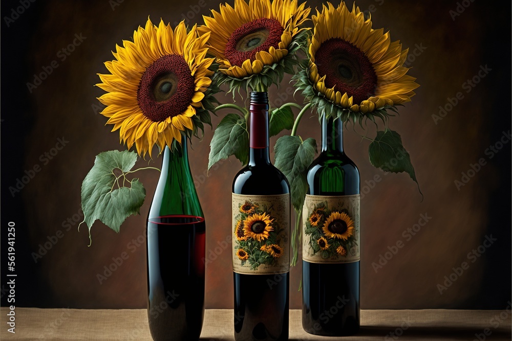Poster three bottles of wine with sunflowers in them on a table with a brown background and a brown backgro