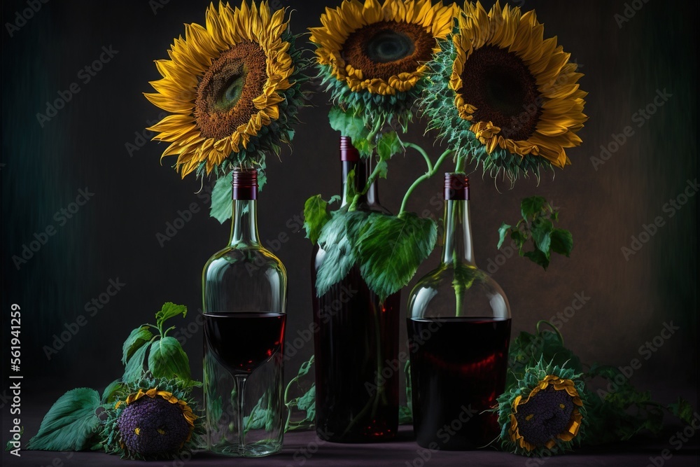 Poster a couple of bottles of wine and some sunflowers on a table with leaves and flowers in the background