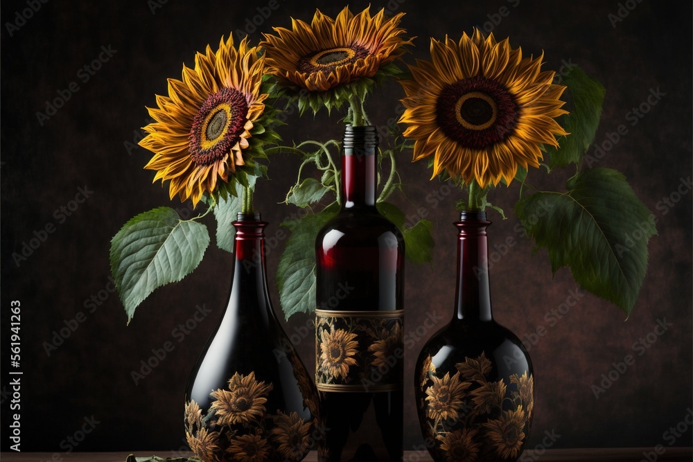 Poster three vases with sunflowers in them on a table next to a bottle of wine and a glass of wine on a tab