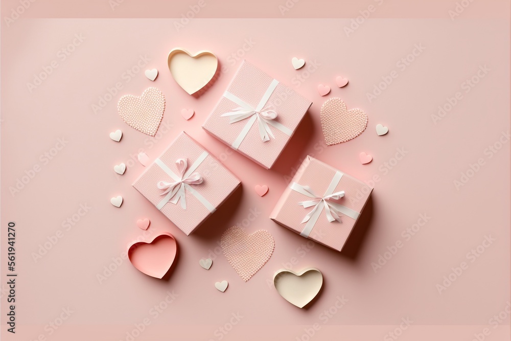 Poster a pink background with hearts and a gift box with a bow and ribbon on it and a few hearts around it 