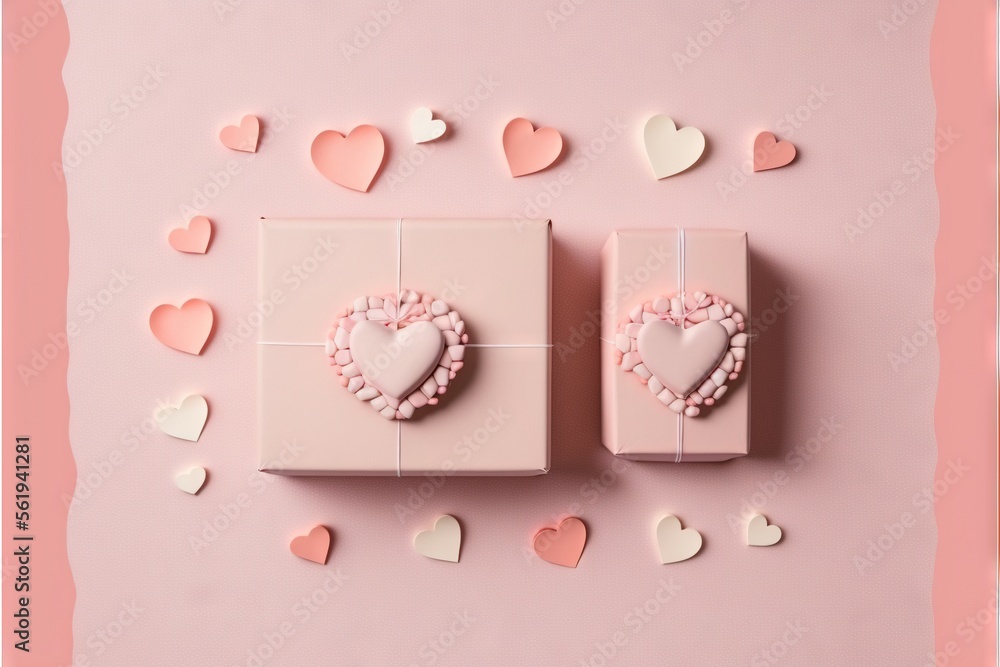 Poster two boxes with hearts on them on a pink background with hearts around them and a pink ribbon tied to
