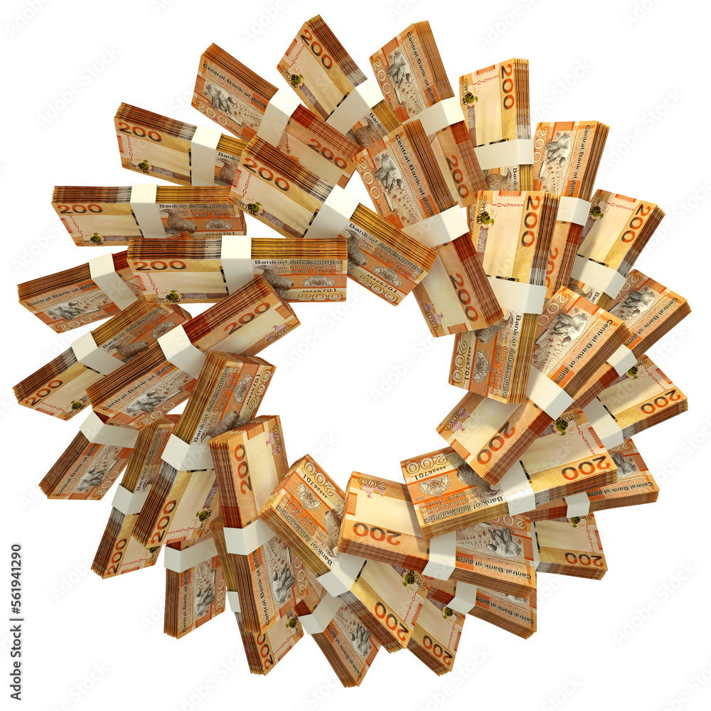 Poster 3d rendering of stacks of gambian dalasi arranged in a circular pattern.