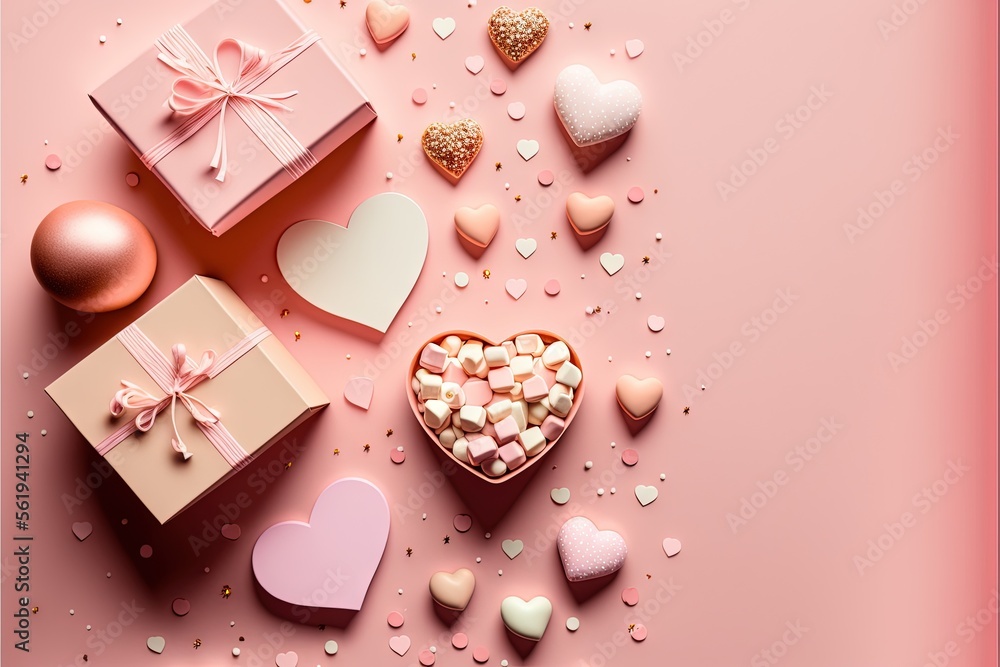 Poster a pink background with hearts, a box of candy and a bow on it with a bow on the top of the box and a